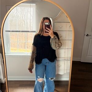 Women's Black and Patterned Sleeve Top